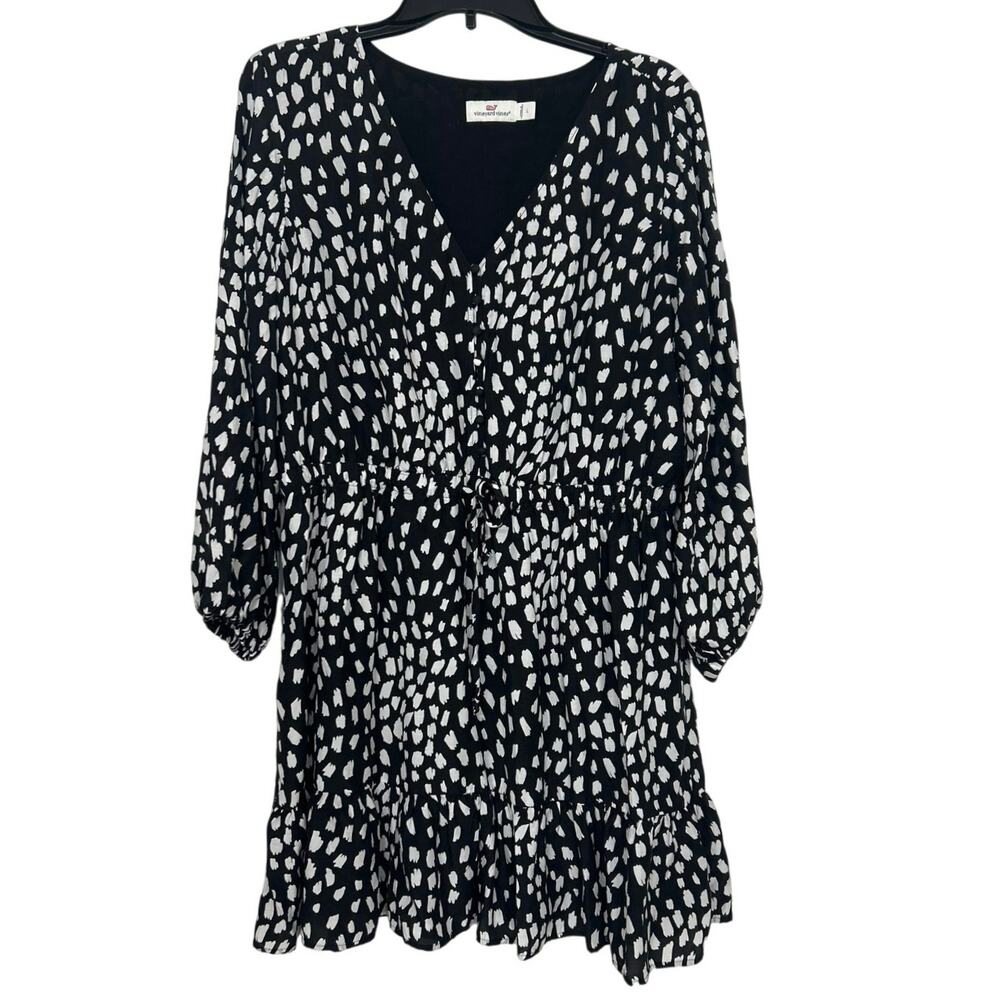 Vineyard Vines Black White Silk Blend Dress Large V Neck Long Sleeve Ruffle Hem - Picture 2 of 16